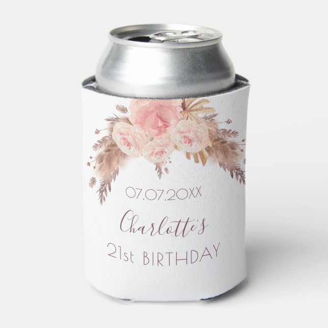 Birthday party blush rose floral pampas grass name can cooler (Can Front)