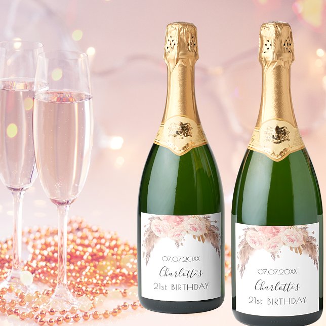Birthday party blush rose floral pampas grass name sparkling wine label (Creator Uploaded)