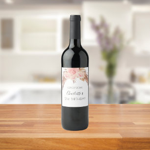 Birthday party blush rose floral pampas grass name wine label