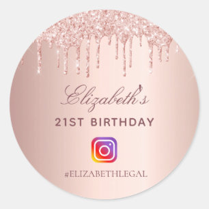 Birthday Party blush rose glitter Instagram photo Classic Round Sticker