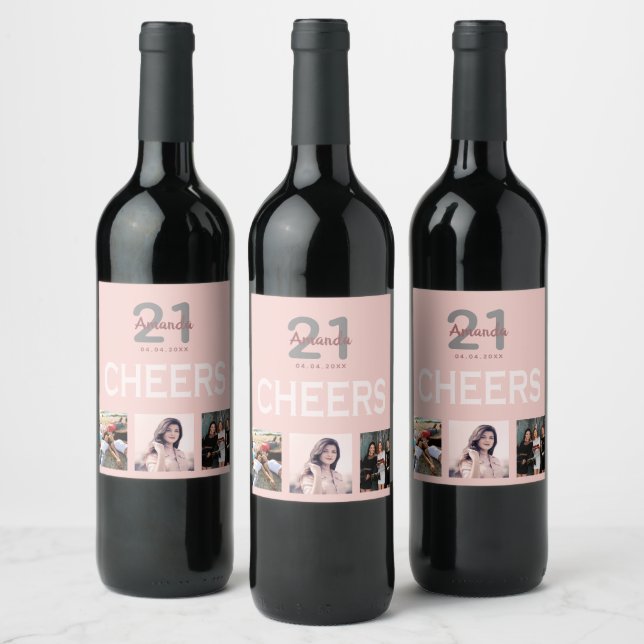 Birthday party blush rose gold cheers photo wine label (Bottles)