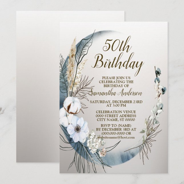 Birthday Party Boho White Orchid Flowers Blue Moon Invitation (Front/Back)