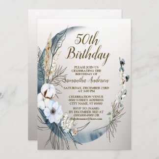 Birthday Party Boho White Orchid Flowers Blue Moon Invitation