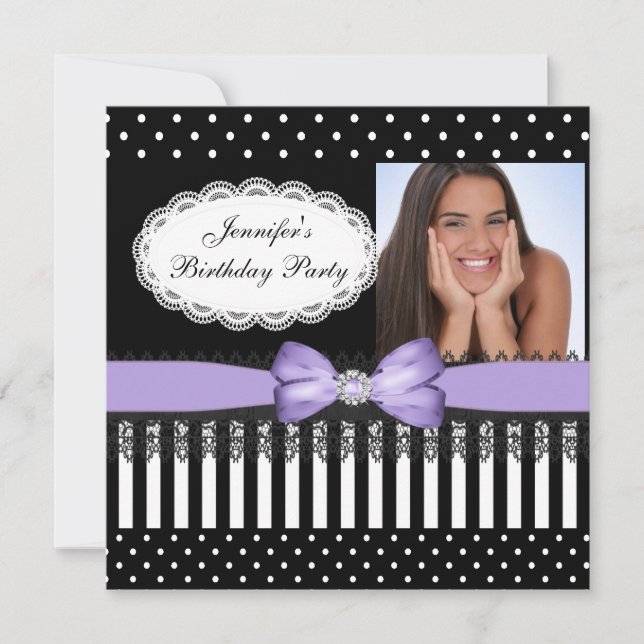 Birthday Party Bow Black Lilac White Polka Dots Invitation (Front)
