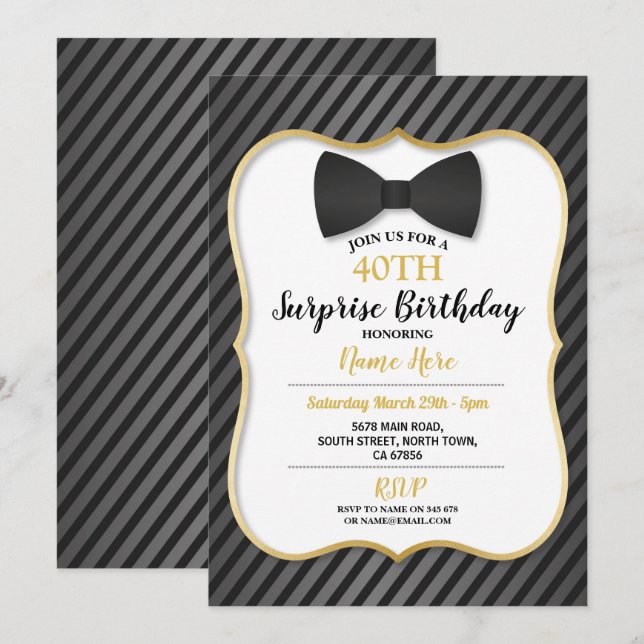 Birthday Party Bowtie Black Tie Mens Women  Gold Invitation (Front/Back)