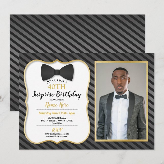 Birthday Party Bowtie Black Tie Mens Women Photo Invitation (Front/Back)