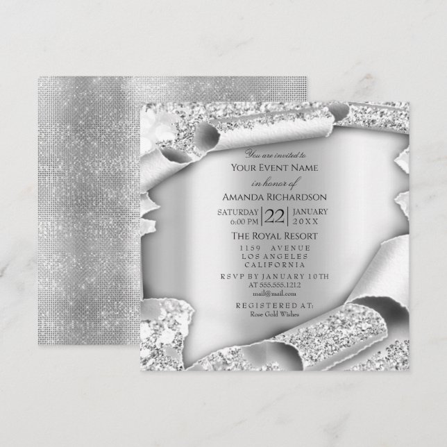 Birthday Party Bridal Shower 3D Grey Silver Invitation (Front/Back)