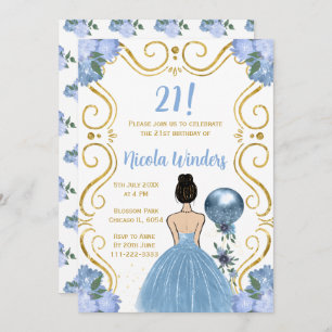 Birthday Party Brown Hair Princess in Blue Invitation