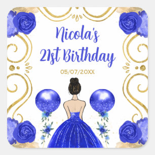 Birthday Party Brown Hair Princess in Blue Square Sticker