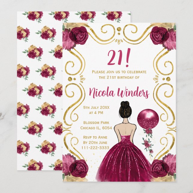 Birthday Party Brown Hair Princess in Burgundy Invitation (Front/Back)