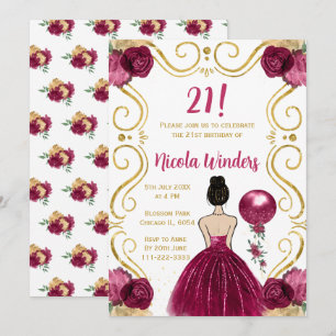 Birthday Party Brown Hair Princess in Burgundy Invitation