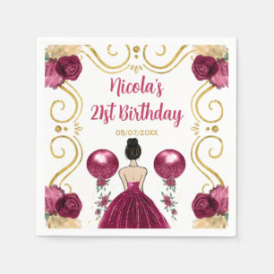 Birthday Party Brown Hair Princess in Burgundy Red Napkin