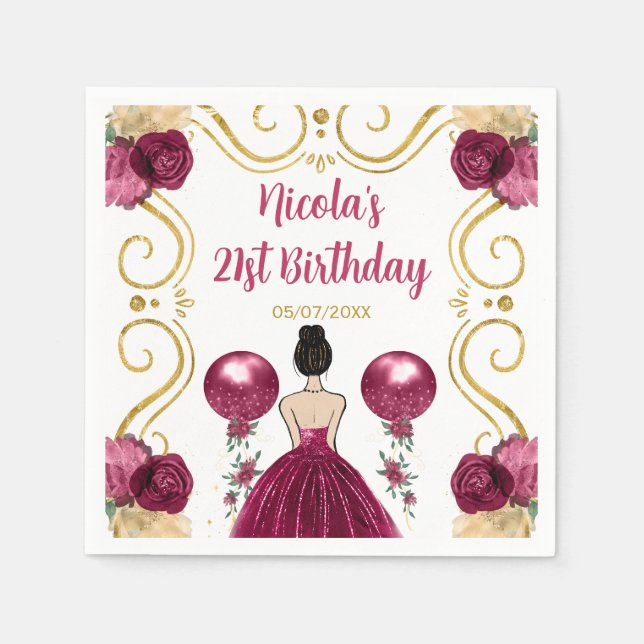 Birthday Party Brown Hair Princess in Burgundy Red Napkin (Front)