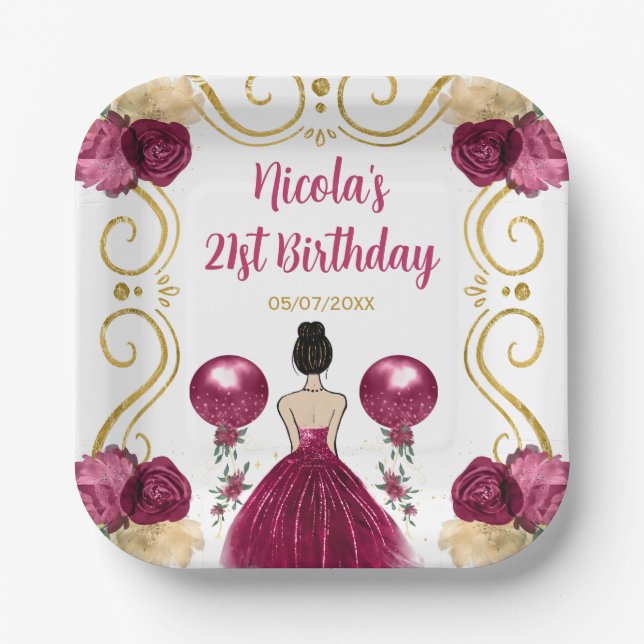 Birthday Party Brown Hair Princess in Burgundy Red Paper Plate (Front)