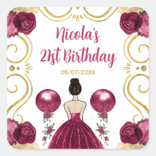 Birthday Party Brown Hair Princess in Burgundy Red Square Sticker