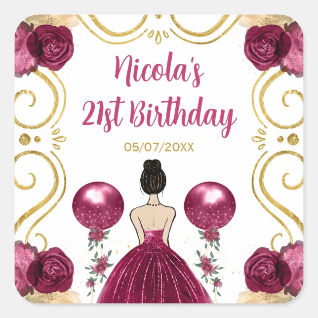 Birthday Party Brown Hair Princess in Burgundy Red Square Sticker (Front)