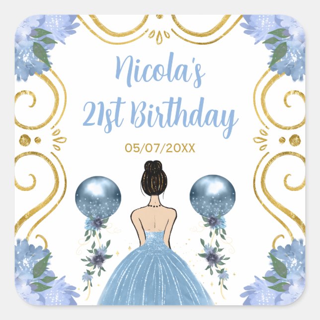 Birthday Party Brown Hair  Princess in Dusty Blue Square Sticker (Front)