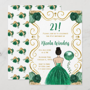 Birthday Party Brown Hair Princess in Green Invitation