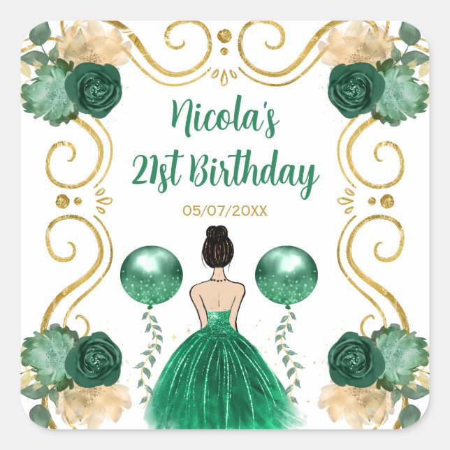 Birthday Party Brown Hair Princess in Green Square Sticker (Front)
