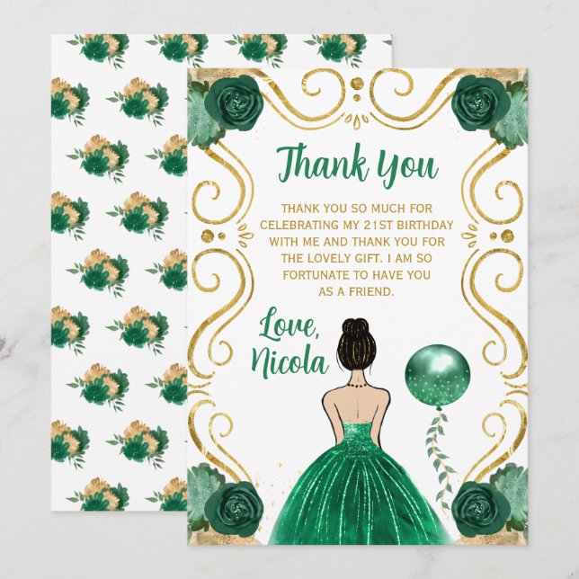 Birthday Party Brown Hair Princess in Green Thank You Card (Front/Back)