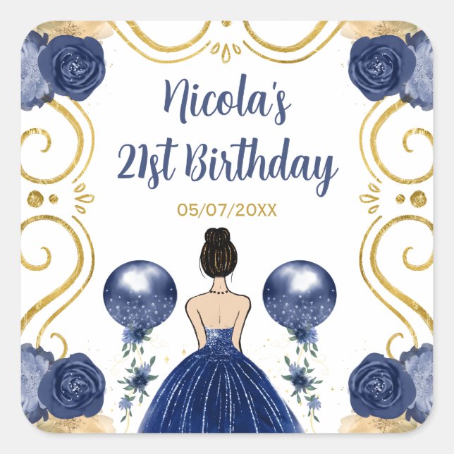 Birthday Party Brown Hair  Princess in Navy Blue Square Sticker (Front)