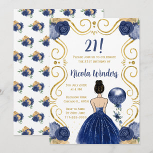 Birthday Party Brown Hair  Princess in Navy Invitation