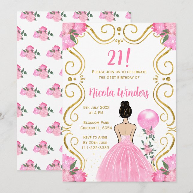 Birthday Party Brown Hair Princess in Pink Invitation (Front/Back)