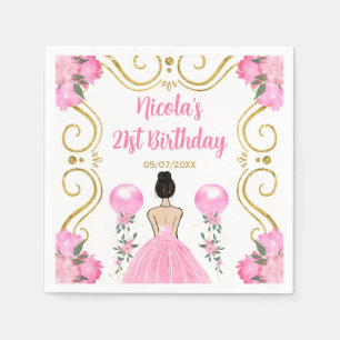 Birthday Party Brown Hair Princess in Pink Napkin
