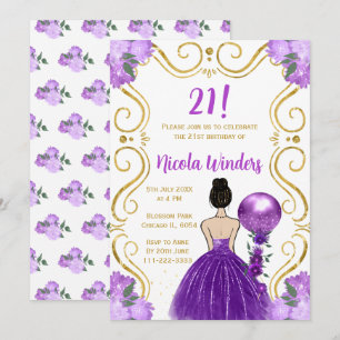 Birthday Party Brown Hair Princess in Purple Invitation