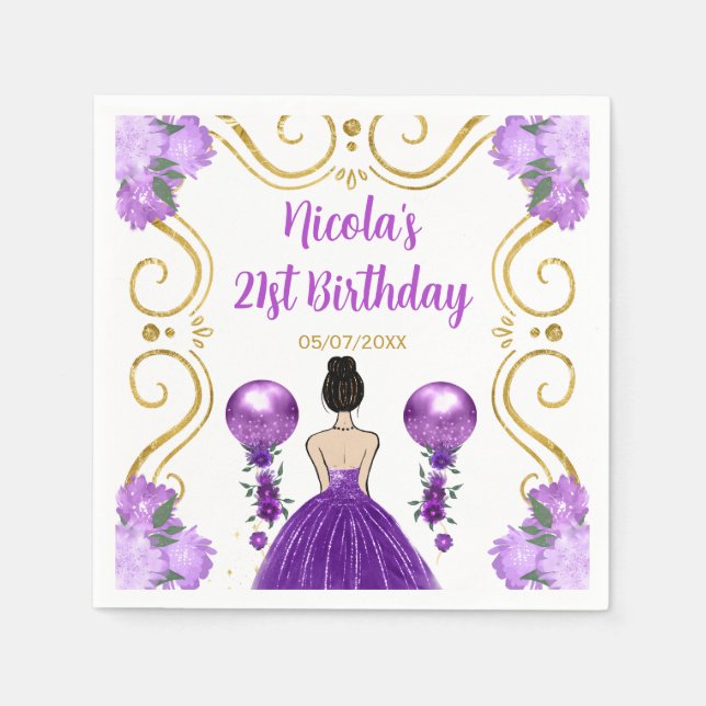 Birthday Party Brown Hair Princess in Purple Napkin (Front)