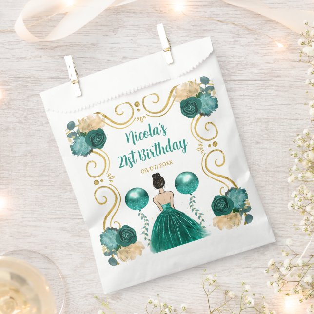 Birthday Party Brown Hair Princess in Teal Favour Bags (Clipped)