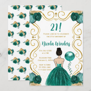 Birthday Party Brown Hair Princess in Teal Invitation