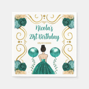 Birthday Party Brown Hair Princess in Teal Napkin