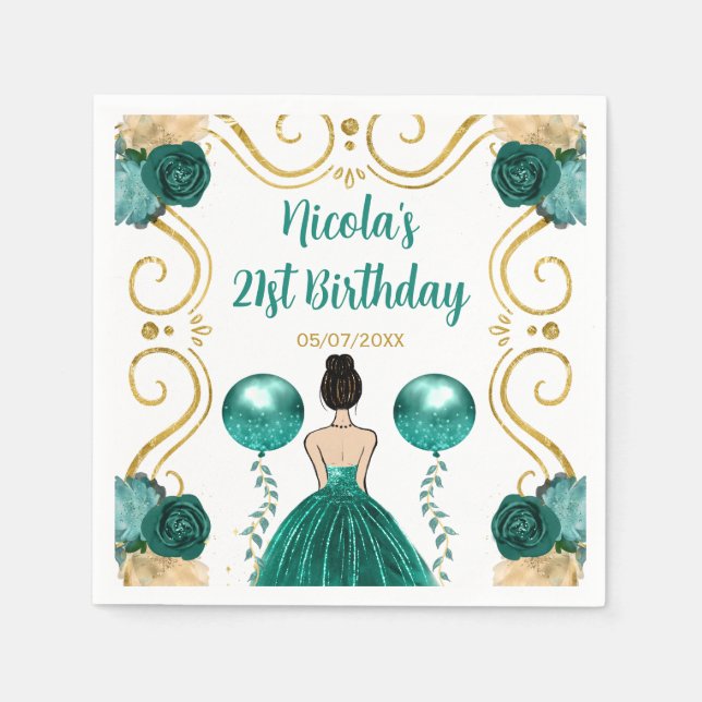 Birthday Party Brown Hair Princess in Teal Napkin (Front)