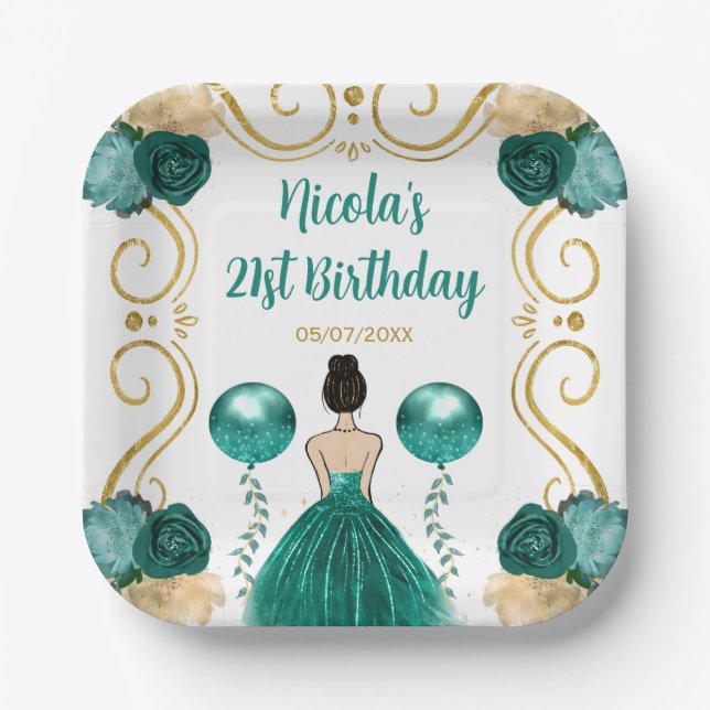 Birthday Party Brown Hair Princess in Teal Paper Plate (Front)