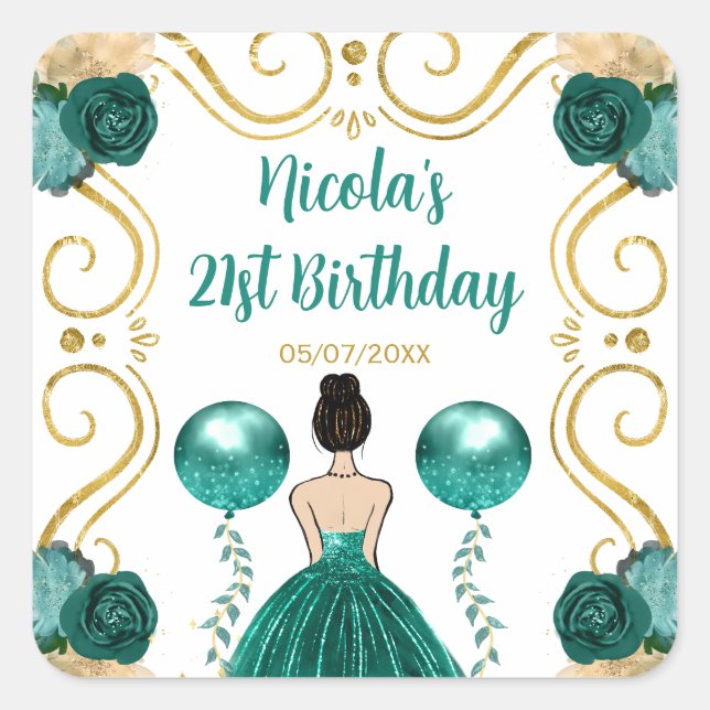 Birthday Party Brown Hair Princess in Teal Square Sticker (Front)