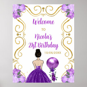 Birthday Party Brown Hair Princess Purple Welcome Poster