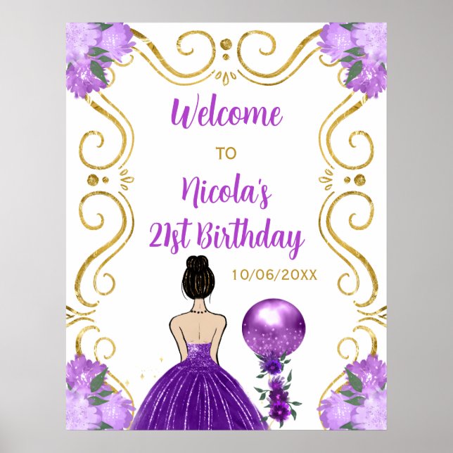 Birthday Party Brown Hair Princess Purple Welcome Poster (Front)