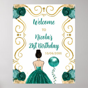 Birthday Party Brown Hair Princess Teal Welcome Poster