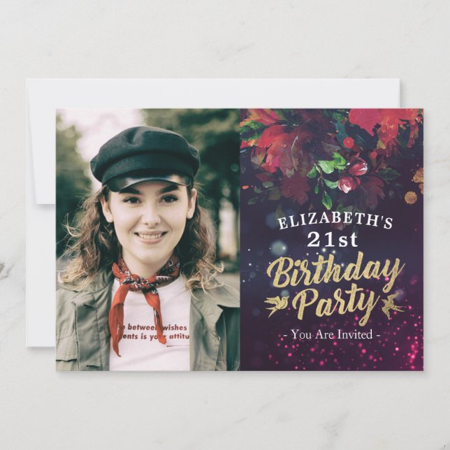 Birthday Party Burgundy Floral Purple Lights Photo Invitation (Front)