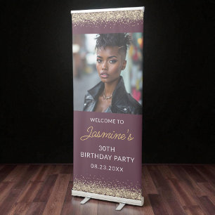 Birthday Party Burgundy Gold Glitter Photo Retractable Banner