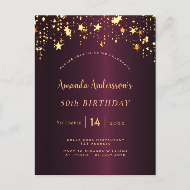 Birthday party burgundy gold stars glam postcard (Front)
