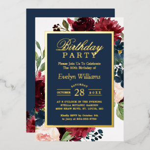 Birthday Party   Burgundy Navy Floral Real Gold