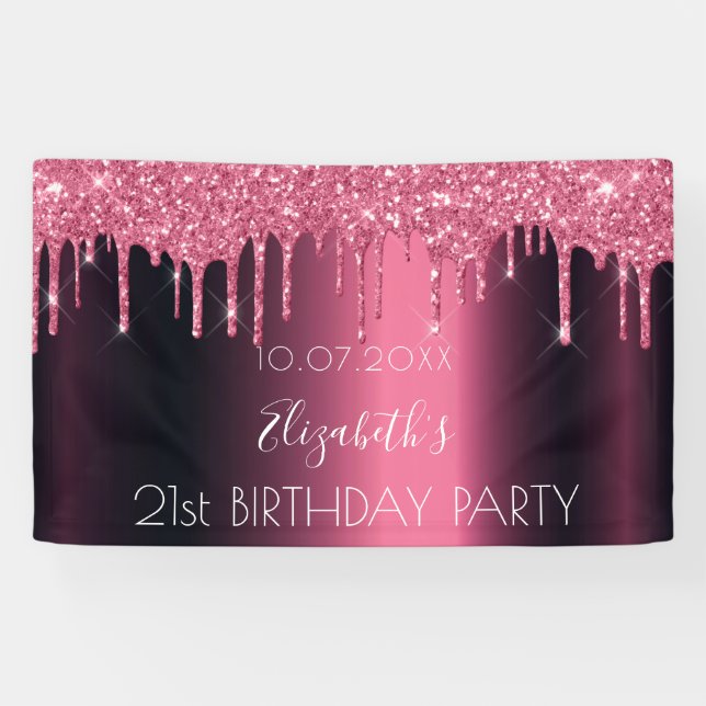 Birthday party burgundy pink glitter drips banner (Horizontal)