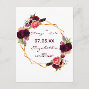 Birthday party burgundy white Change the Date Postcard