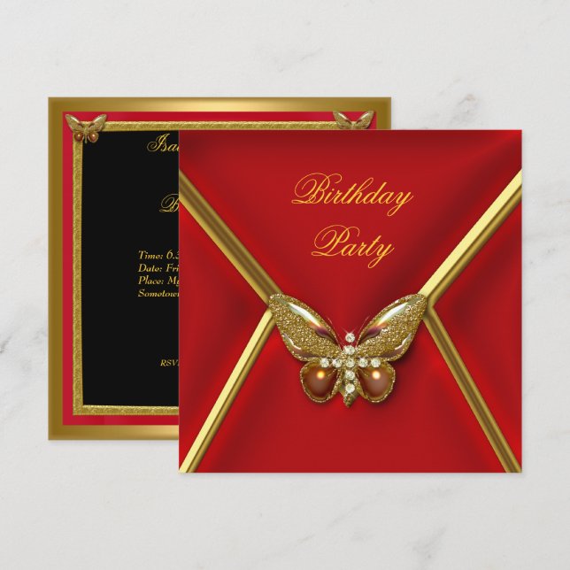 Birthday Party Butterfly Deep Red Gold Image Invitation (Front/Back)