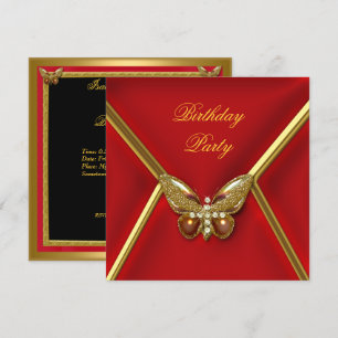 Birthday Party Butterfly Deep Red Gold Image Invitation