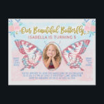Birthday Party Butterfly Photo Girls Cute Kid Pink Invitation Postcard<br><div class="desc">These gorgeously unique birthday party invitation postcards transform your child into a magical butterfly! The pretty design has a vintage fairy-tale look in whimsical shades of pink, blue, and gold. Your child's photo fills the centre of the butterfly wings. The cute design is made in watercolor with faux (printed) glitter...</div>