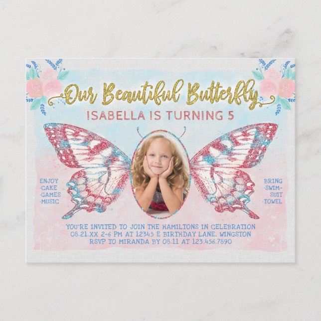 Birthday Party Butterfly Photo Girls Cute Kid Pink Invitation Postcard (Front)