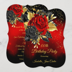 Birthday Party Butterfly Red Rose Floral Gold 2 Invitation